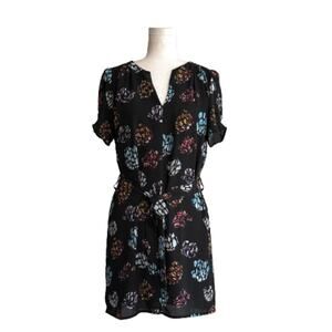 lr Black Floral Short Sleeve Sash Belt Split Neck Sheath Tunic Dress Size Small